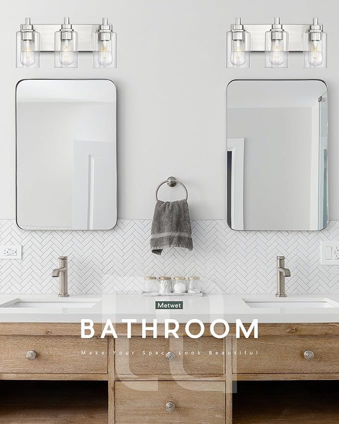 METWET 3-Light Bathroom Light Fixtures, Brushed Nickel Vanity Light with Cylinder Clear Glass Shade, Modern Vanity Lighting Fixtures Over Mirror, VL143-BN-3