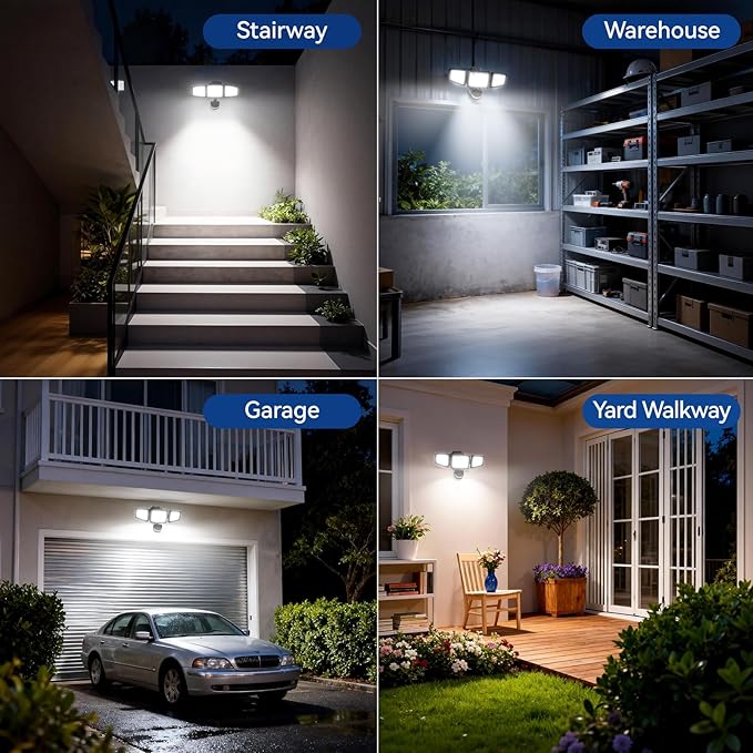 PURICH LED Security Lights Motion Sensor Light Outdoor, 7000LM, 6500K, Waterproof, Flood Light Outdoor Motion Detector with Adjustable 3 Head, Hardwired Wall Light for Entryway, Yard, Garage (2)