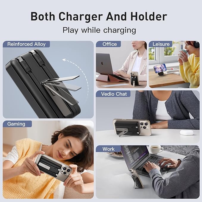 2026 Magnetic Wireless Power Bank, 16800mAh Portable Charger with 2 Built in Cables, LED Display Magnetic Battery Pack Travel Essentials for iPhone 17/16/15/14/13/12/Pro/Mini/Pro Max Andriod-White