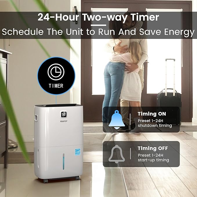 Yaufey 150 Pints Energy Star Dehumidifier for Home, Basement and Large Room up to 7000 Sq. Ft., with Drain Hose, Timer, Intelligent Humidity Control and Large Water Tank