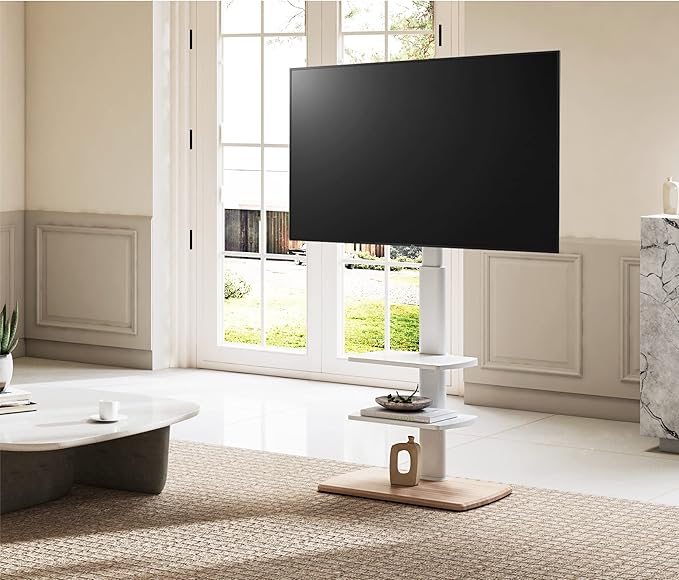 FITUEYES Floor TV Stand for 32 39 40 43 49 50 55 60 65 70 Inch TVs, Modern TV Stands with Shelf for Living Room Bedroom, Height Adjustable Corner TV Stand White
