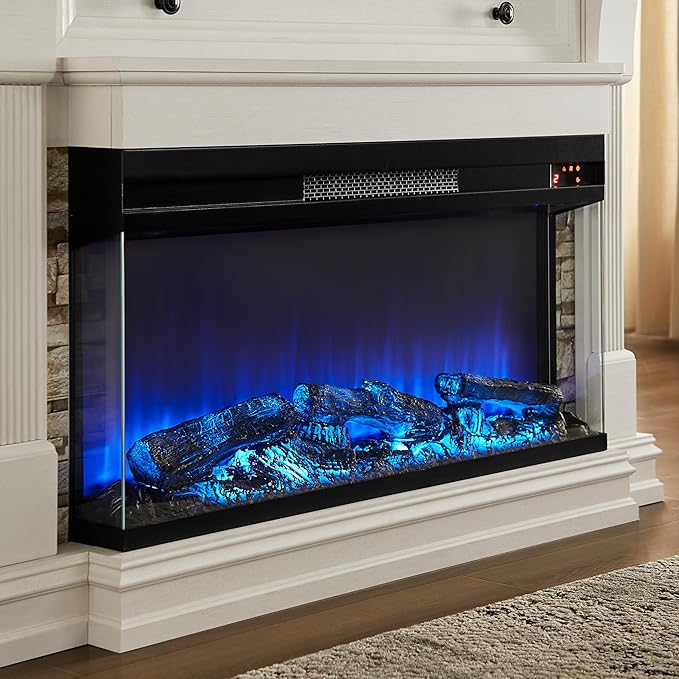 OKD 52 Inch Electric Fireplace with Mantel, Fireplace TV Stand with 36" 3-Sided Glass Electric Fireplace Heater for Living Room (Antique White)