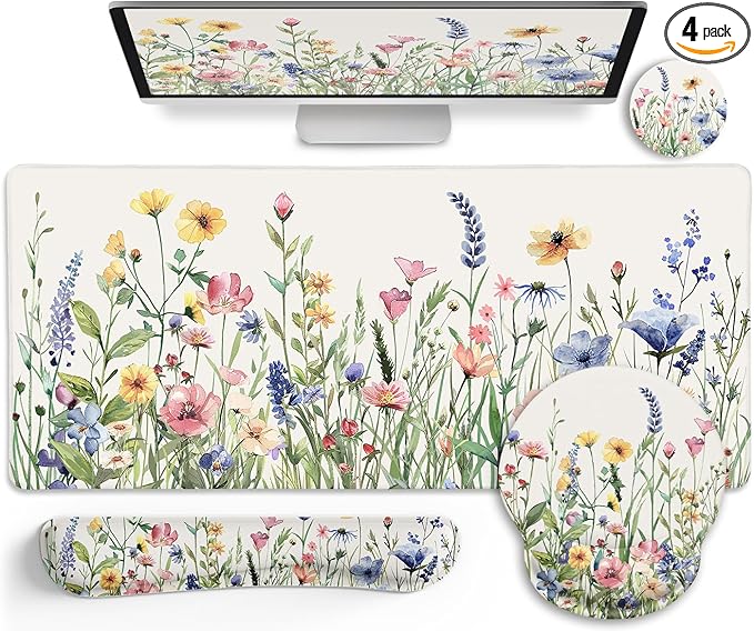 LIMKRIAN Flower Mouse Pad Set Large Desk Matt for Desktop, Ergonomic Mouse Pad with Wrist Rest, Gaming Wrist Support Keyboard Mat Cup Coaster Set Cute Office Desk Decor Accessories