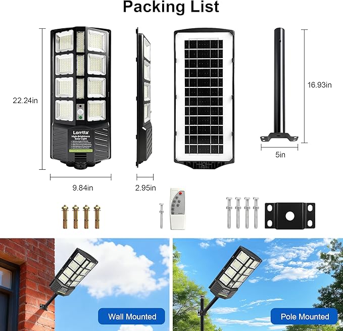 Lorrtta Solar Lights Outdoor Waterproof, 22 Inch Solar Street Light with 380 Ultra Bright 5730 LED, Solar Dusk to Dawn Lights with Remote Control, IP65 Motion Lights for Outside, Parking Lot (2 Pack)
