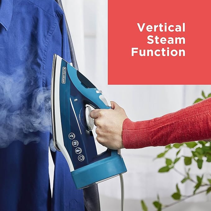 BLACK+DECKER Steam Iron for Clothes with Retractable Cord, Vertical Steaming, Anti-Drip Design, Spray Mist and Auto Clean Button, 1200W