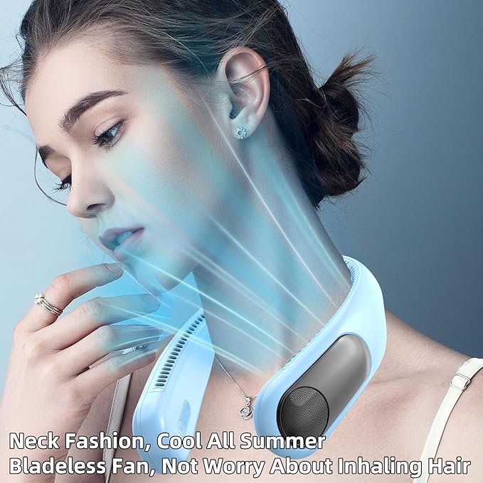Portable Neck Fan,Personal Wearable Bladeless Fan,LED Display,4-Speeds,6000mAh USB Rechargeable,360° Strong Cooling Wind,Hands Free,White Elephant Gift,Christmas Gifts for Men Women (Light blue)