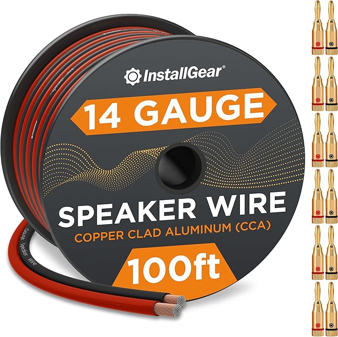 InstallGear 14 Gauge Speaker Wire - 100 Ft Copper Clad Aluminum Speaker Cable with 12 Banana Plugs for Easy Installation - Flexible PVC Jacket for Home Theater and Car Audio