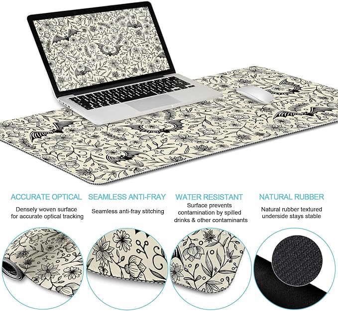 LIMKRIAN Goth Bat Mouse Pad Set Large Desk Mat for Desktop, Ergonomic Mouse Pad with Wrist Rest for Gaming, Keyboard Mat Wrist Support Cup Coaster Set, Gothic Office Desk Accessories Decor Supplies