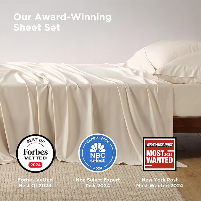 Bedsure Queen Sheet Set, Rayon Derived from Bamboo, Cooling Sheets, Breathable & Soft, Deep Pocket Up to 16", Hotel Luxury Silky Bedding for Hot Sleepers, Light Beige