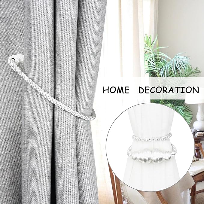 Nieffeiy Magnetic Curtain Tiebacks 2Pack Outdoor Curtain Tie Backs Rope Decorative Magnetic Curtain Holders for Drapes Window Treatment Holdbacks, White