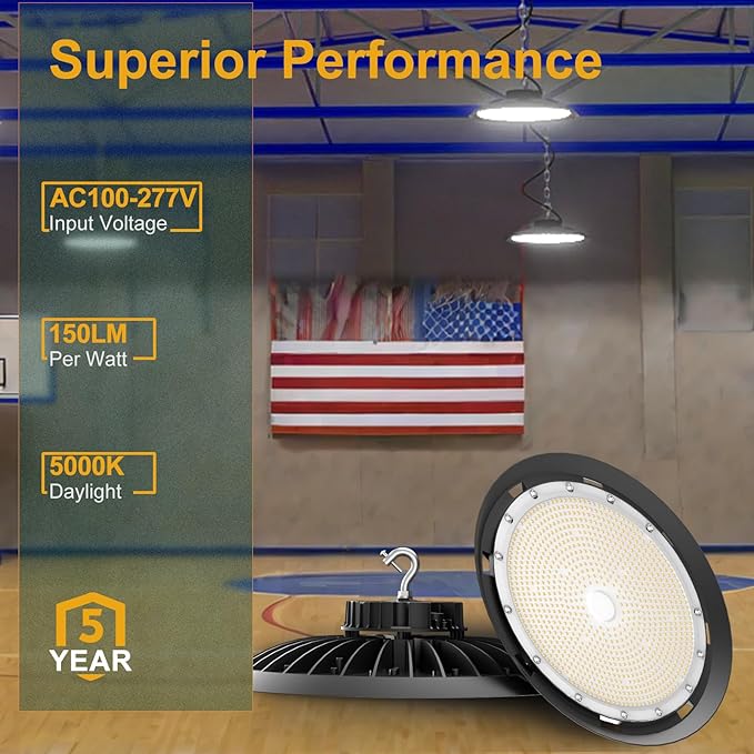 ACOHOOK 2Pack 600W UFO LED High Bay Light 5000K Daylight, 90,000 Lumens Super Bright, 100-277V Wide Voltage, Commercial High Bay Lighting for Warehouse Factory Gym, 3.3' Cable & US Hook, Plug& Play