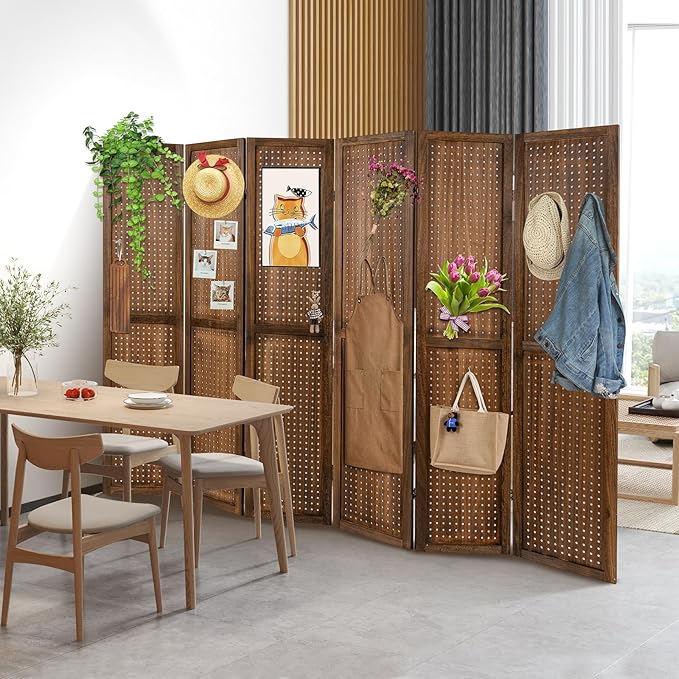 Giantex 6 Panel Pegboard Display & Room Divider, 5.6FT Folding Pegboard Stand for Crafting Show Jewelry Retail, Freestanding Privacy Screen, Wooden Partition Wall Divider for Room Separation, Brown