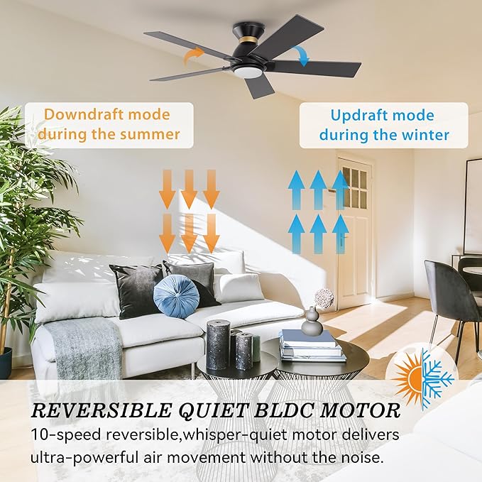 SMAAIR 52 Inch Smart Ceiling Fan with Light and Remote, Flush Mount Modern Ceiling Fan with lights,Compatible with Alexa/Google Assistant/Siri,Timer and Schedule,10 Speed DC Motor,Black