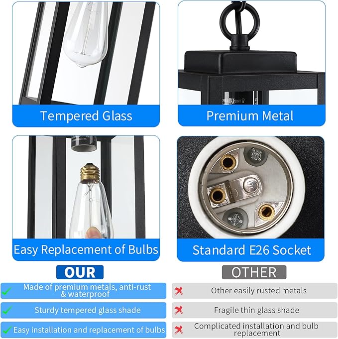 MYHXQ 11'' Outdoor Pendant Light, Modern Outside Chandelier Outdoor Hanging Lantern Light, Matte Black with Clear Glass, Exterior Pendant Lighting Fixture for Porch, Yard, Gazebo, 1Pack