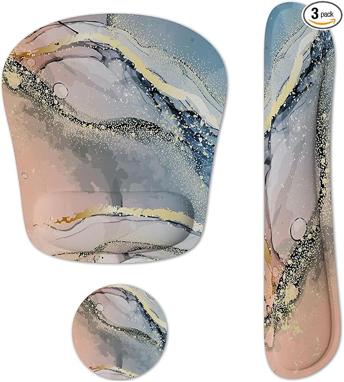 Keyboard Wrist Rest Memory Foam Ergonomic Mouse Pad with Computer Wrist Support Set with Non-Slip Rubber Base Coaster for Home, Office Easy Typing and Pain Relief - Pink Marble