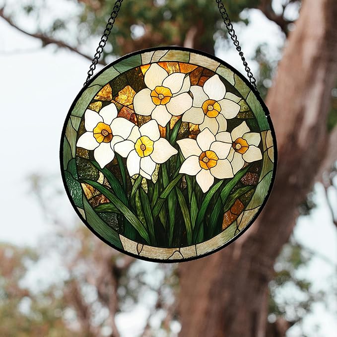 CRISGIF Stained Glass Window Hanging, White Lily Suncatcher for Door Garden Patio Birth Flower Green Plant Sun Catchers Decor Christmas Mother's Day Birthday Gifts for Women Mom Nana Friend 11.8 in