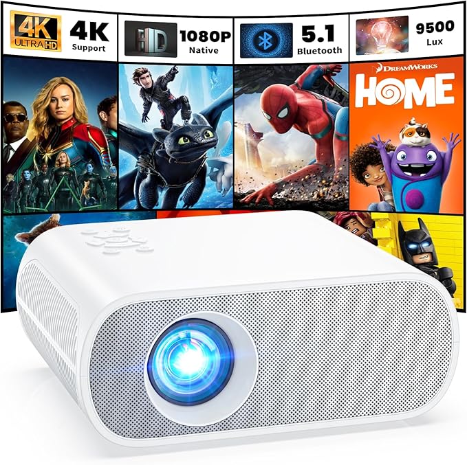 HOMPOW Projector, Native 1080P Full HD Bluetooth Projector with Speaker, 9500 Lumens Outdoor Portable Movie Mini Projector Compatible with Laptop, Smartphone, TV Stick, Xbox, PS5