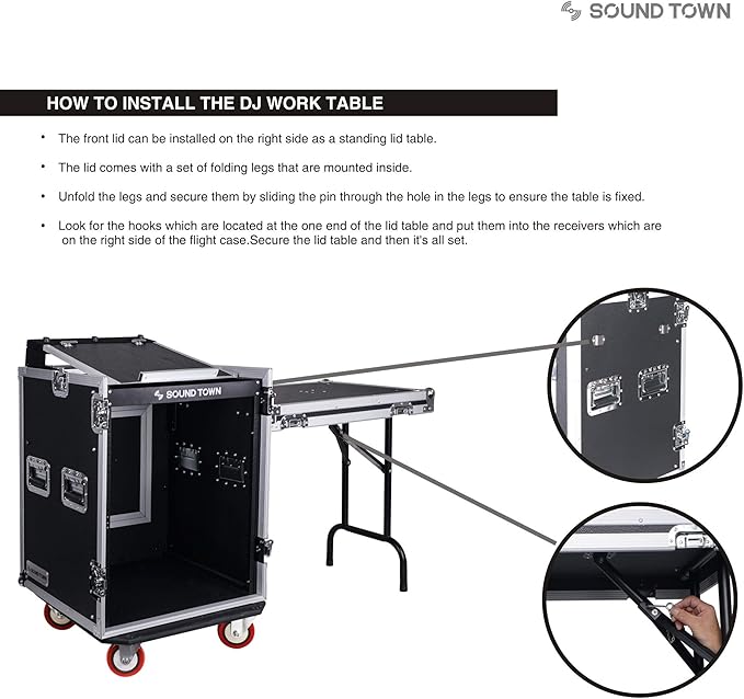 Sound Town Heavy-Duty 1/2" (12mm) Plywood 14U PA DJ Rack/Road ATA Case with 11U Slant Mixer Top, 20’’ Rackable Depth, DJ Work Table and Casters, 14 Space Size, Pro Tour Grade (STMR-14UWT)