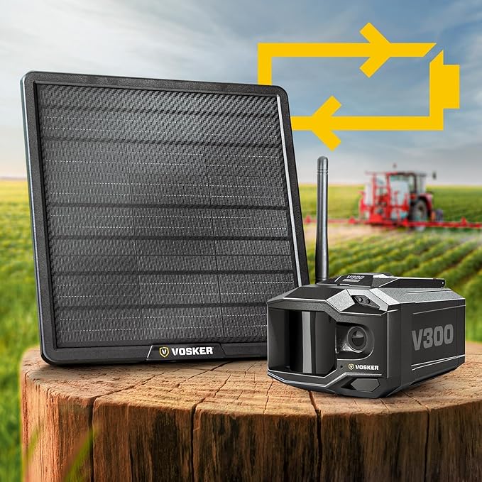 Vosker V300 Ultimate Farmers Pack Outdoor Security Camera with External Solar Panel for Farms Pastures and Greenhouses 4G LTE Black Single Unit with Battery