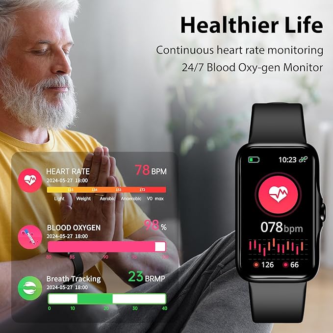 JYUAJOI Fitness Tracker with 24/7 Continuous Heart Rate, Blood Oxygen Monitor, Smart Watch with Sleep Monitor, IP68 Waterproof Activity Tracker Step Counter for Women Men (Black)