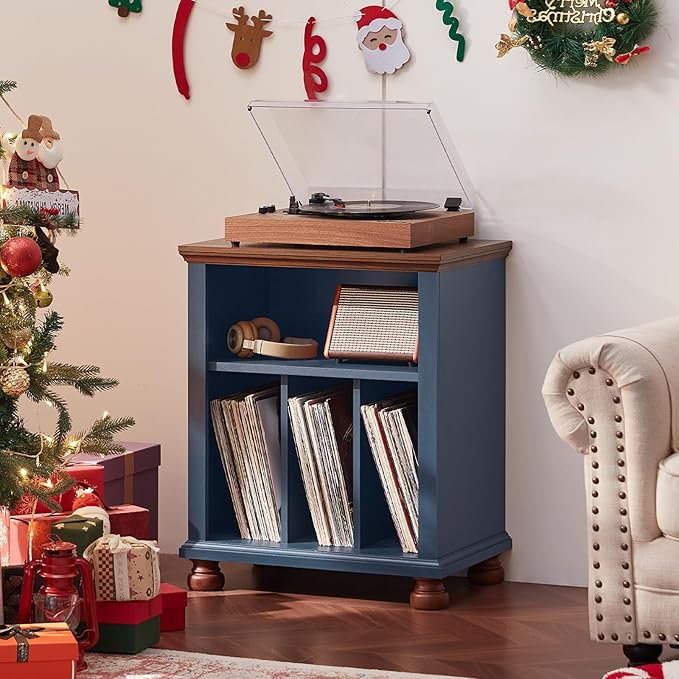 Joaxswe Record Player Stand with Vinyl Record Storage, 24" Wide Mid-Century Record Player Table Up to 200 Albums,Large Wood Turntable Stand Cabinet Dispaly Shelf for Living Room,Bedroom,Blue