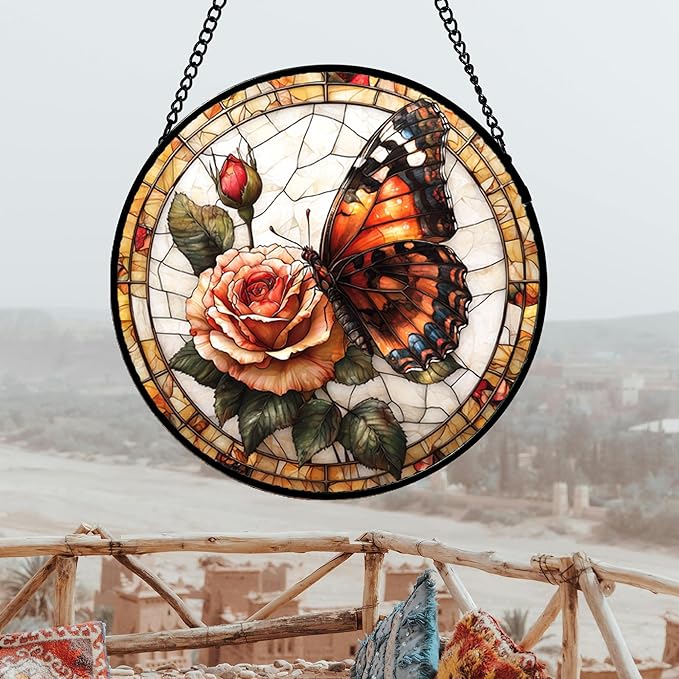 DASTOLL Stained Glass Window Hanging, Butterfly Picking Flowers Suncatcher for Doors Home Sun Catchers Decoration and Christmas, Mother's Day Birthday Gifts for Women, Men, and Mom 14.9x14.9 in