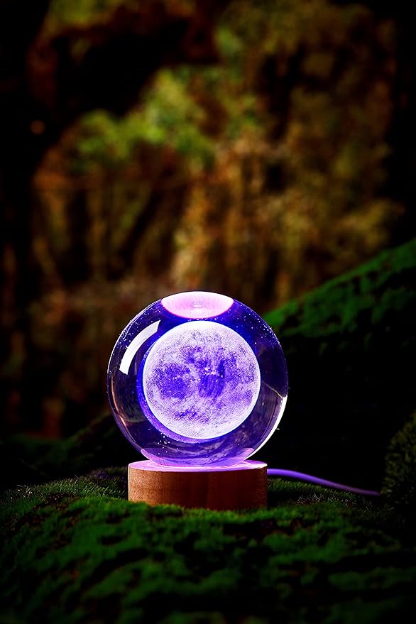 3D Moon Crystal Ball Lamp,3.15 inch Crystal Ball Night Light with Wooden Base,16 Colors Changing Light,Dimmable Remote Control,Desk lamp (F)