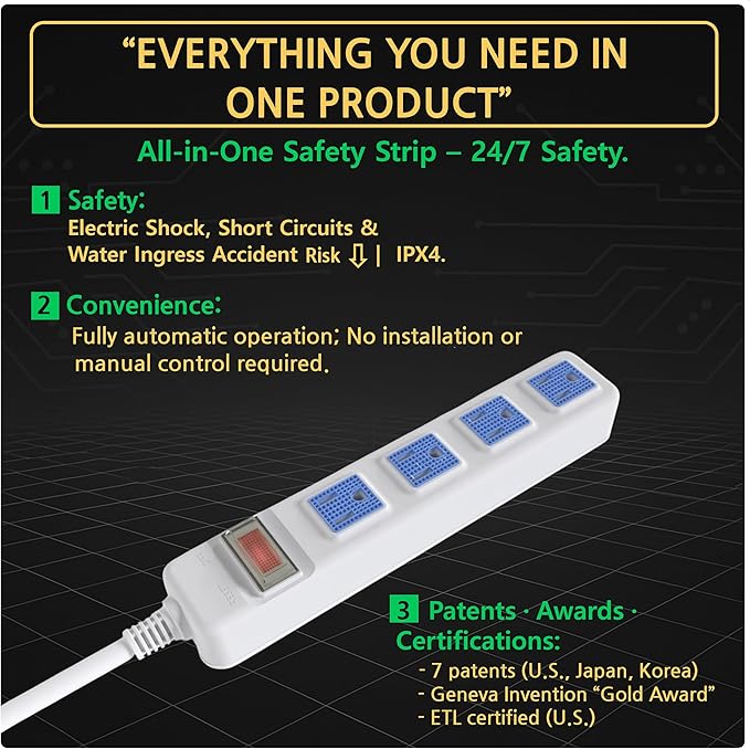 S.O.V Splashproof IPX4 Power Strip, Patented Zero-Current Auto Shut Off, ETL Listed, 4-Outlet Flat Plug, Black, 5ft Cord
