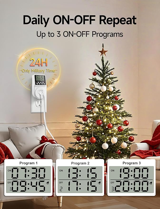Techbee Digital Infinite Repeat Cycle Intermittent Timer Plug for Electrical Outlet, 24 Hour Programmable Indoor Timed Power Switch with Countdown Delay On and Off (120V, 15A), 1 pack