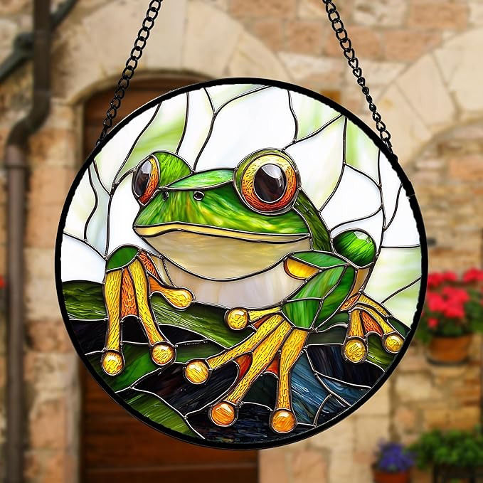 DASTOLL Stained Glass Window Hanging, Green Frog White Petals Sun Catchers Colorful Glass Panel Cute Suncatcher Decor for Birthday for Women, Men, Wife, Aunt, and Mom 11.8x11.8 in