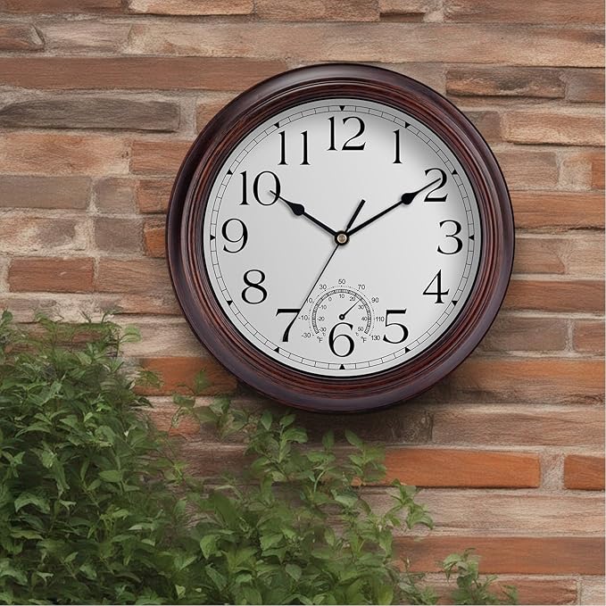 KECYET 12 Inch Outdoor Wall Clock with Thermometers, Vintage Silent Wall Clocks Battery Operated, Retro Non-Ticking Clock Decorative for Living Room, Patio, Kitchen, Office, Bathroom, Bedroom(Bronze)