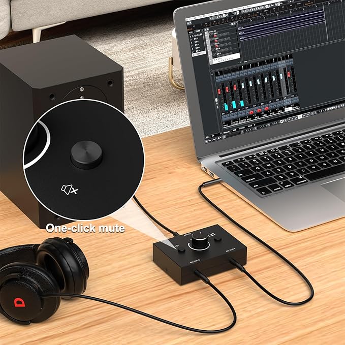 Dingsun 3.5mm Audio Switch, Stereo Audio Selector Box Passive Speaker Headphone Manual Selector with Volume Control (1 in-2 Out/ 2 in-1 Out)