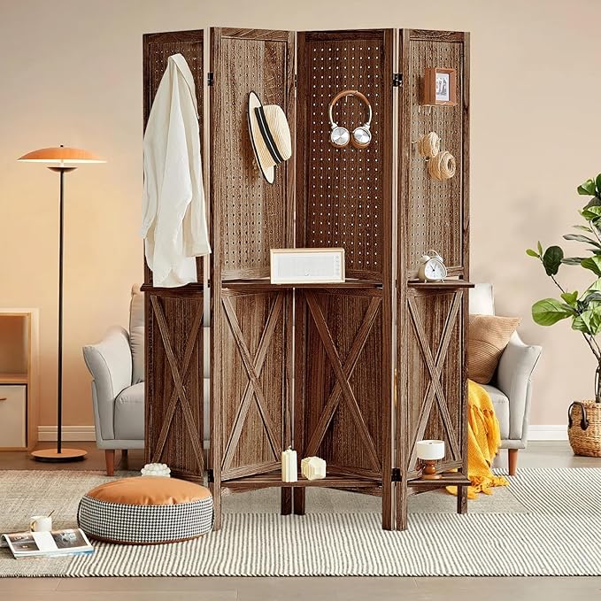 Aleesing 4 Panel Pegboard Display with 16 Hooks, Wooden Pegboard Room Divider Wall with Shelf, Partition Room Dividers and Folding Privacy Screens, Bedroom, Jewelry Store, Brown