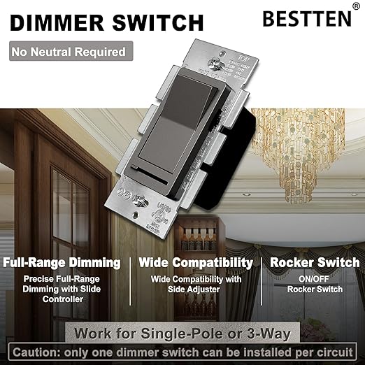 BESTTEN Matte Brown Dimmer Wall Light Switch, Single Pole or 3-Way, Compatible with Dimmable LED, CFL, Incandescent and Halogen Bulb, 120VAC, UL/cUL Listed