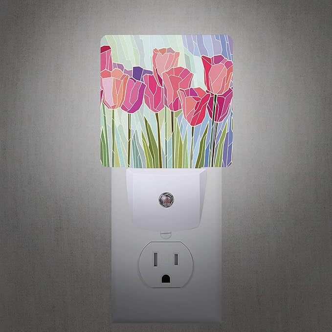 Smoaffly Pink Tulip Flowers Night Light Plug-in LED Nightlights Auto Sensor Night Lamp Dusk-to-Dawn Lamp Home Decor for Nursery Children Girls Boys