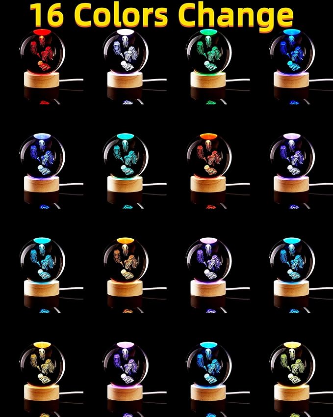 Conalisk 3D Jellyfish Crystal Ball Lamp, Lifelike LED Jellyfish Night Light, 16 Colors Changing Light, Dimmable Remote Control, Desk Lamp
