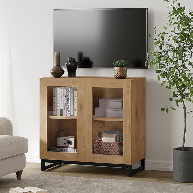 WAMPAT Modern TV Stand with Glass Doors for 32-40 inch TVs, Entertainment Center Console with Adjustable Shelves for Living Room, Bedroom, Oak