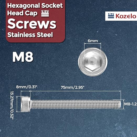 Kozelo 5pcs Socket Head Cap Screws - [M8-1.25 x 75mm] 304 Stainless Steel Allen Socket Drive for Electrical Motor 3D Printing Fan Engine Replacement Use, Silver