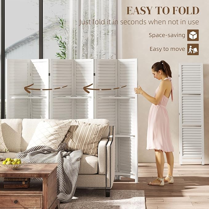HOMCOM Room Divider, 6 Panel 67" Tall Wood Privacy Screen with 3 Display Shelves, and Folding Storage for Bedroom or Home Office, White
