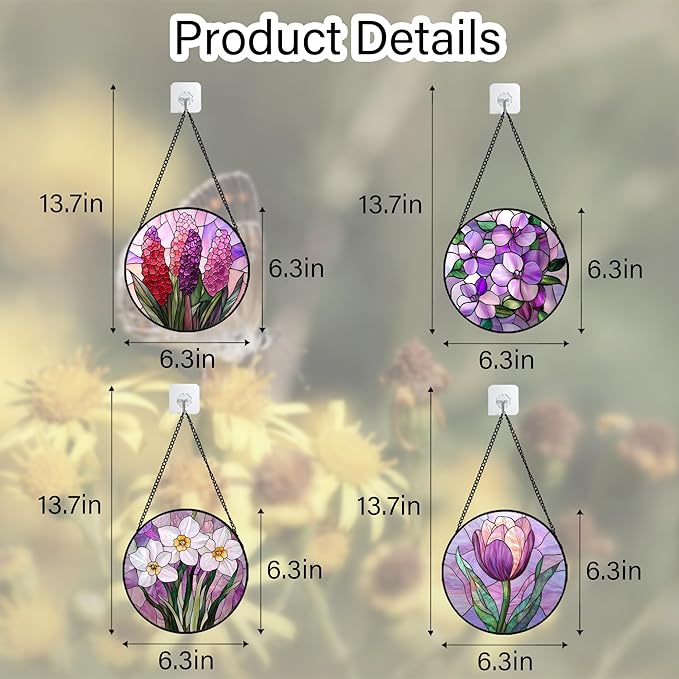 DASTOLL Stained Glass Window Hanging 4 Pcs Set Purple Flower Theme 6.3" - Tulip Suncatcher Door Garden Sun Catcher Decor Birthday Christmas for Plant Lovers Woman Nana Men