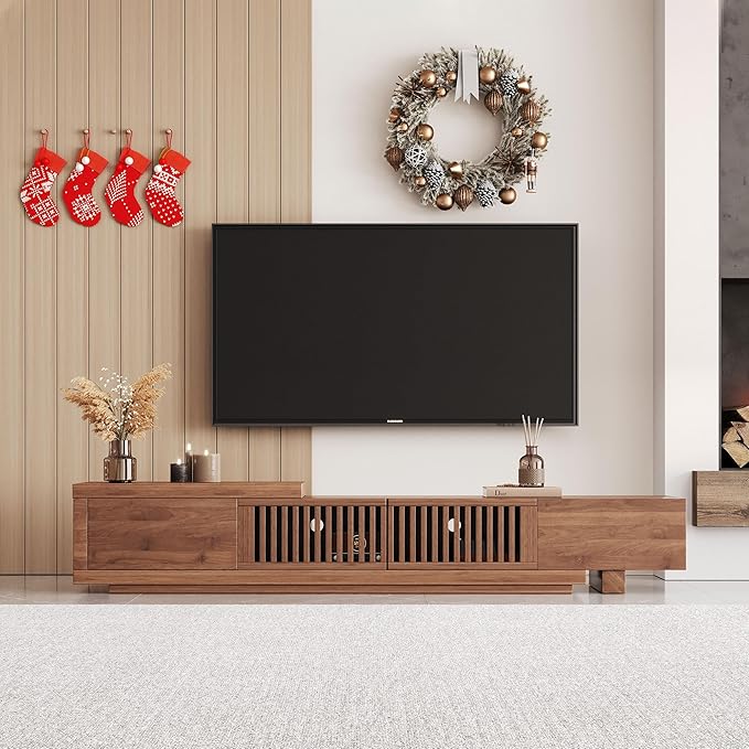NessCarsti Mid Century Modern TV Stand for 75+ Inch TVs, Extendable Media Console (78"-103") with Ample Storage - Sleek Walnut Entertainment Center for Living Room