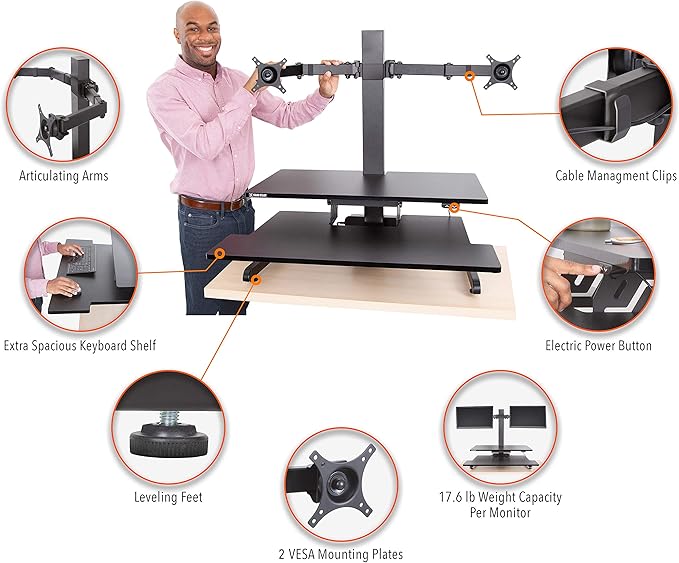 Stand Steady Techtonic Electric Standing Desk Converter wIth Dual Monitor Mount, 2 Screen Support, Quiet Sit-Stand Desk with Button Control, Keyboard Tray, Ideal for Gaming & Computer Work (Black)