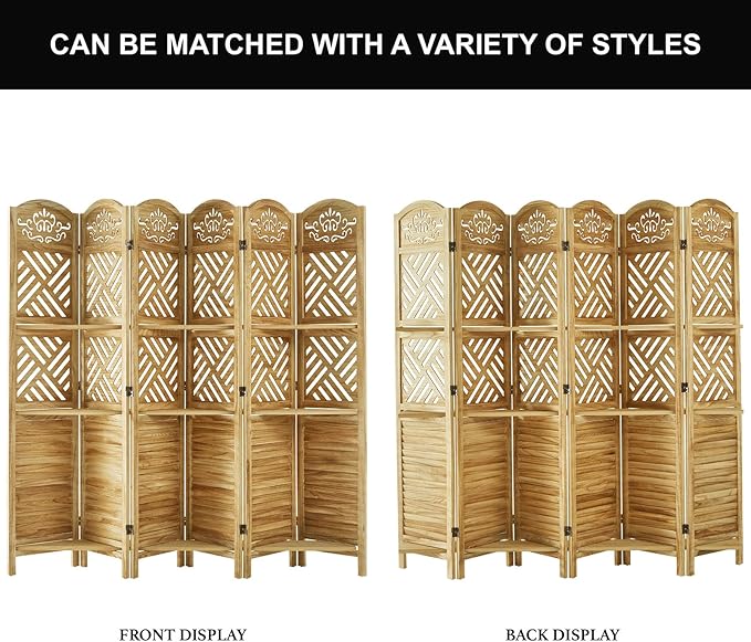 Svimi Room Divider with Shelves, 68.9inch Wood Carved and Louvered Wall Divider Freestanding, 6 Panels Folding Partition Screen for Bedroom Home Office (Natural)