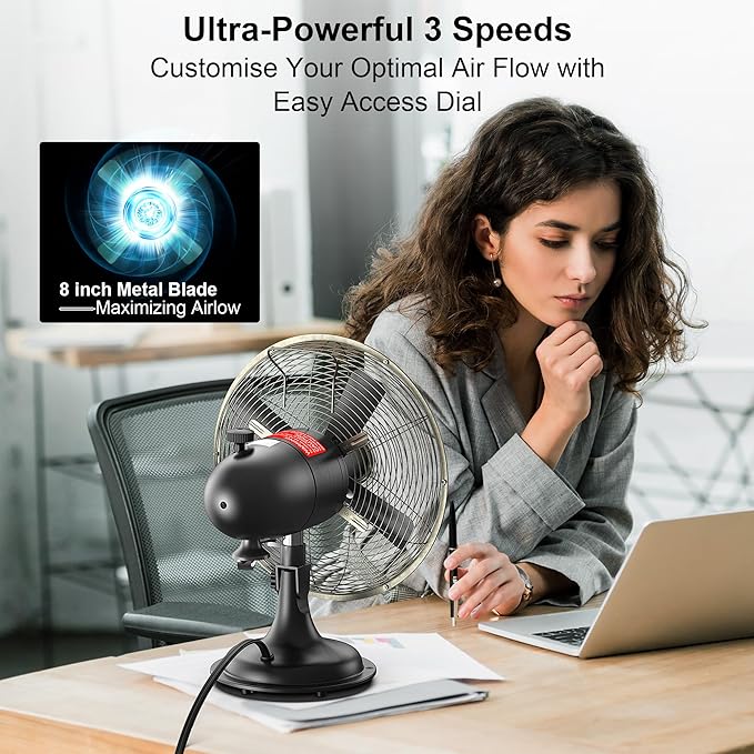 AMACOOL Oscillating Vintage Fan, All Metal 8" Retro Table Top Fan, Adjustable Head Tilt, Quiet 3 Speeds Plug-In Desk Fan for Bedroom Home Office & Kitchen