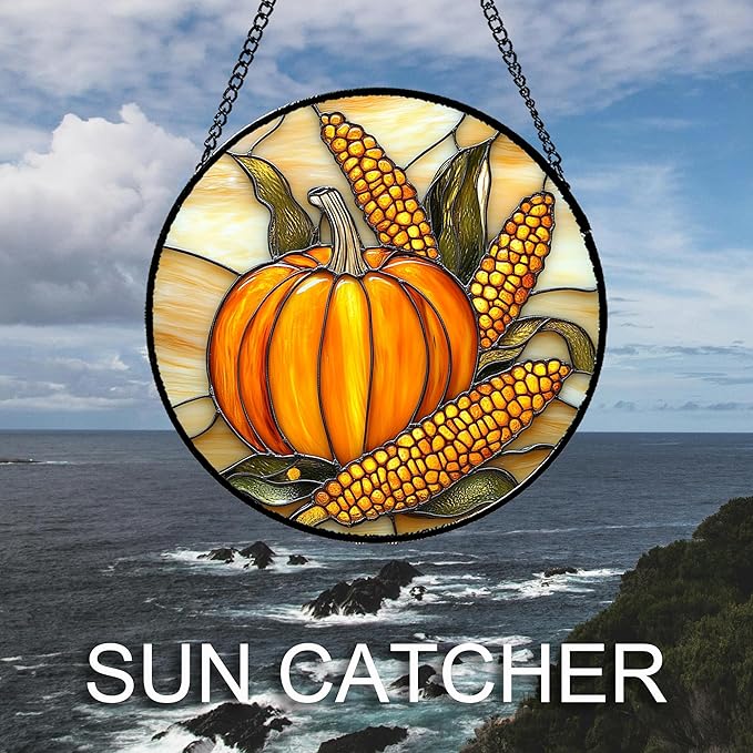 DASTOLL Stained Glass Window Hanging Autumn Harvest Pumpkin Corn Large 11.8" - Suncatcher Door Garden Kitchen Sunroom Sun Catcher Fall Home Decor Birthday for Mom Grandma Men Woman