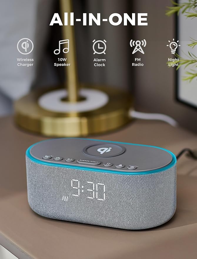 Odokee Wireless Charging Alarm Clock Radio: Qi Certified Fast Wireless Charger for iPhone Samsung - 10W Stereo Bluetooth Speaker - Dimmable Digital Clock with FM Radio for Bedroom Gray