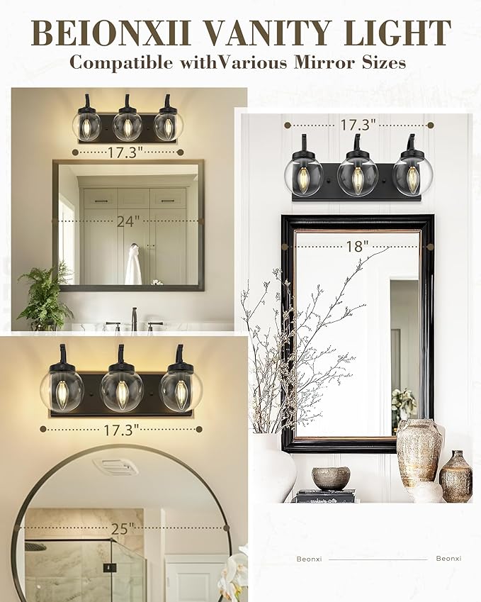 Beionxii Black Bathroom Vanity Light, 3-Light Bathroom Light Fixtures with Clear Glass Shade, Modern Vanity Lights Over Mirror Living Room Hallway, BX-VL03MB-3CG