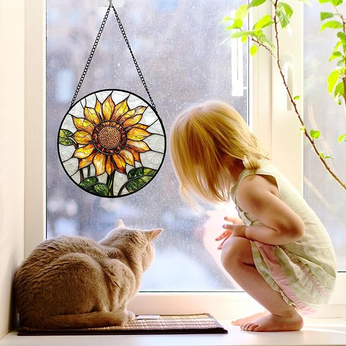 DASTOLL Stained Glass Window Hanging - Sunflower Flower Suncatcher Ready to Hang Window Doors Home Decoration and Christmas, Mother's Day Birthday Gifts for Women, Men, and Mom 7.8x7.8 in