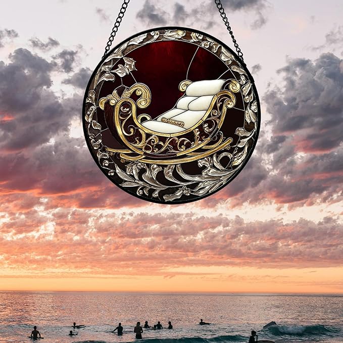 AMDERVEN Stained Glass Window Hanging 4 Pcs Set Christmas Golden Bell Sleigh 9.8" - Suncatcher Door Garden Sun Catcher Decor Birthday Mother's Day Xmas Gifts for Mom Woman Nana Men Parents