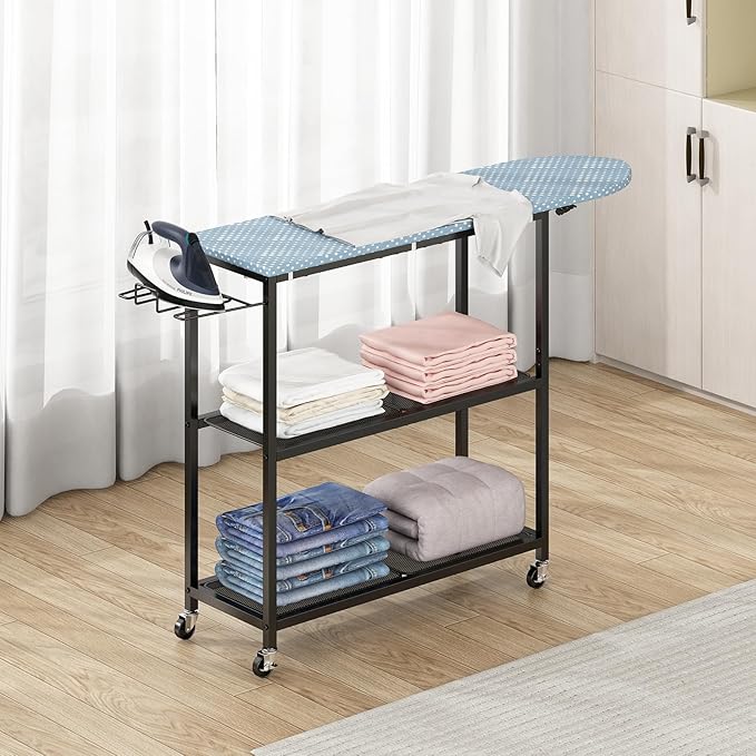 GILLAS Ironing Board with 2 Tier Storage Basket, Movable Ironing Board Full Size for Iron Rest & Clothes, Tabletop Ironing Boards, Ironing Stand Iron Boards Ironing Table Rustic Blue